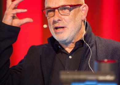 Brian Eno delivers a lecture at the George Square Lecture Theatre at Edinburgh University