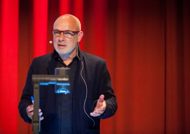 Brian Eno delivers a lecture at the George Square Lecture Theatre at Edinburgh University