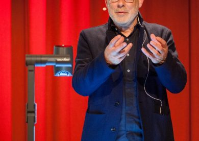 Brian Eno delivers a lecture at the George Square Lecture Theatre at Edinburgh University