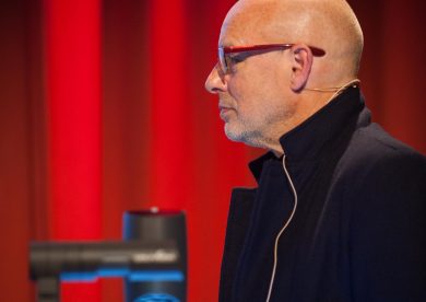Brian Eno delivers a lecture at the George Square Lecture Theatre at Edinburgh University